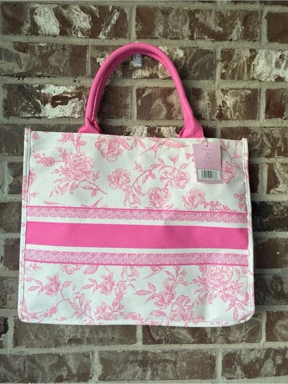 Pink Floral Canvas Tote Bag with Striped Accent